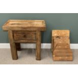 RUSTIC BUTCHER'S BLOCK TYPE SINGLE DRAWER TABLE & FOUR VARIOUS CHOPPING BOARDS, 89.5cms H, 89cms