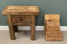 RUSTIC BUTCHER'S BLOCK TYPE SINGLE DRAWER TABLE & FOUR VARIOUS CHOPPING BOARDS, 89.5cms H, 89cms