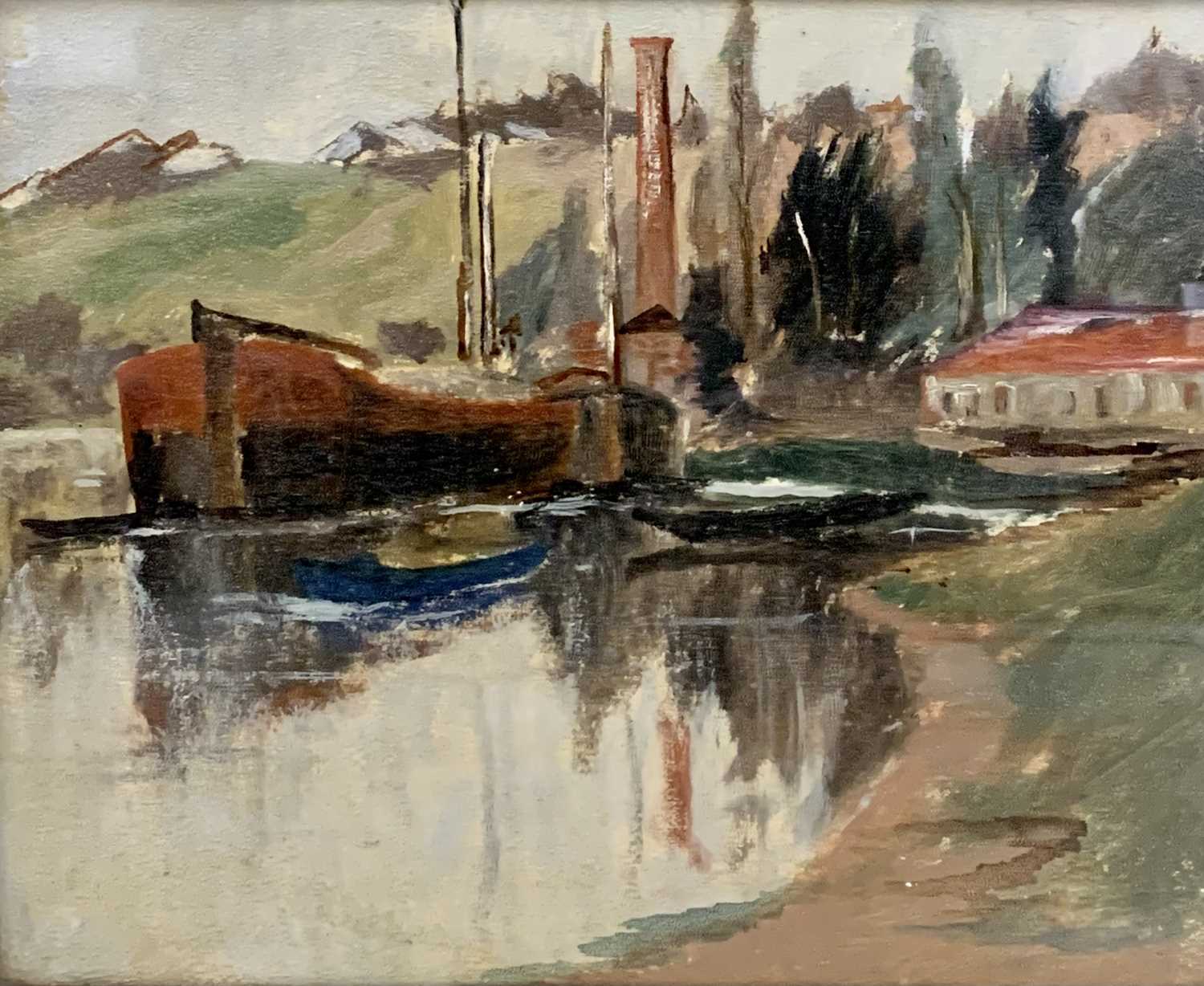 EARLY 20TH CENTURY BRITISH SCHOOL oil on board - depicting Thames type barges on a river near a tall - Image 2 of 2
