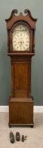 ANTIQUE MAHOGANY LONGCASE CLOCK CIRCA 1840, having an arched top painted dial set with Roman