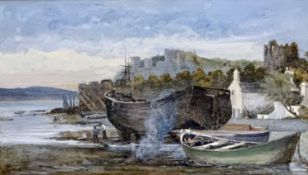 JOHN ATKINSON (1863-1924) watercolour - moored boats to the shore just outside Conwy town walls,