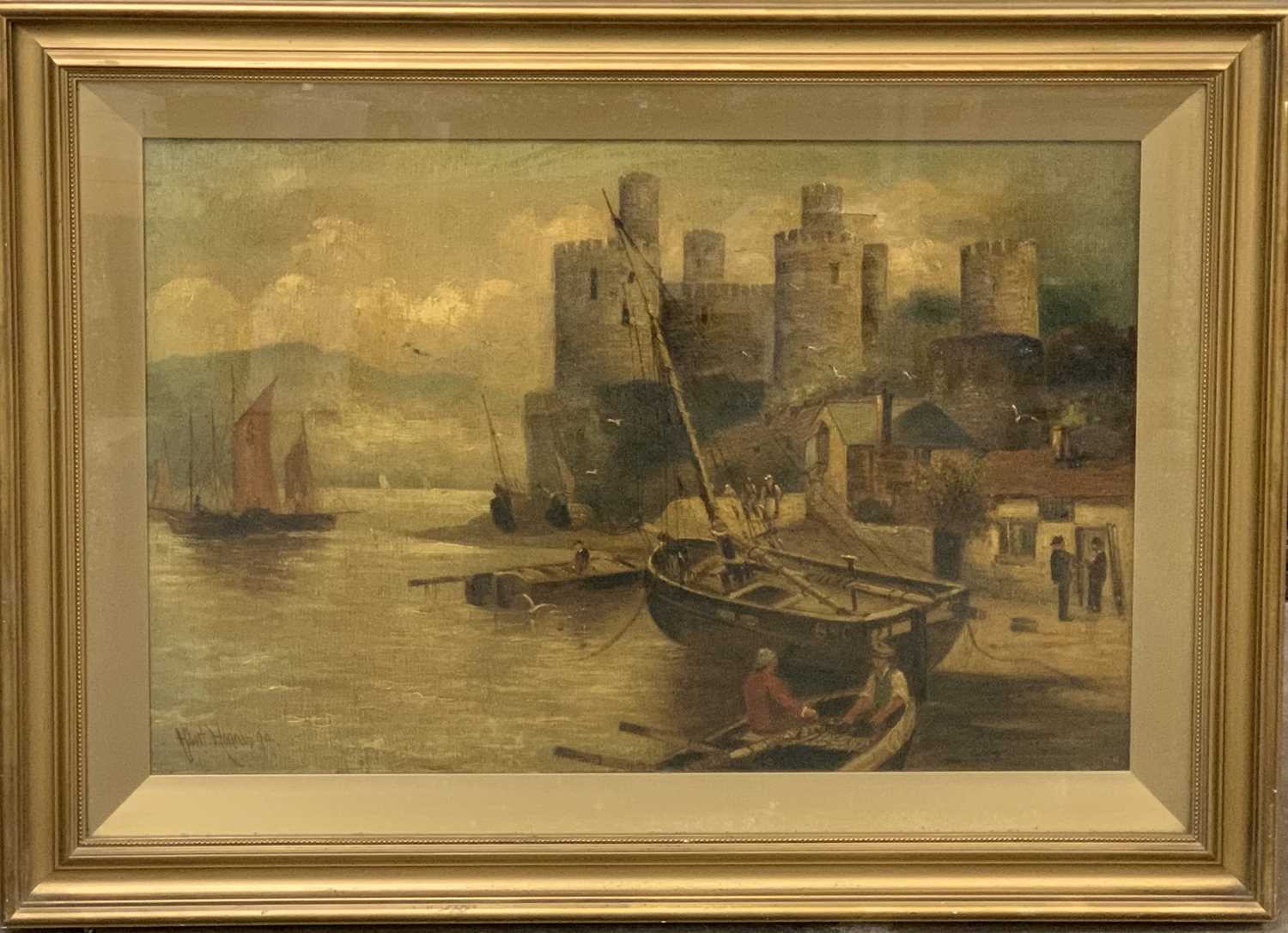 ALBERT HARRIS oil on canvas - Conwy Castle and harbour, with various boats, people, fishermen - Image 3 of 4