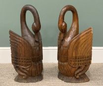 PAIR OF DECORATIVE CARVED WOODEN SWANS, 62cms H, 30cms W Provenance: private collection Conwy