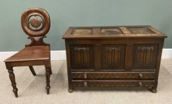 REPRODUCTION OAK MULE CHEST & VICTORIAN MAHOGANY HALL CHAIR, the lidded chest with linenfold