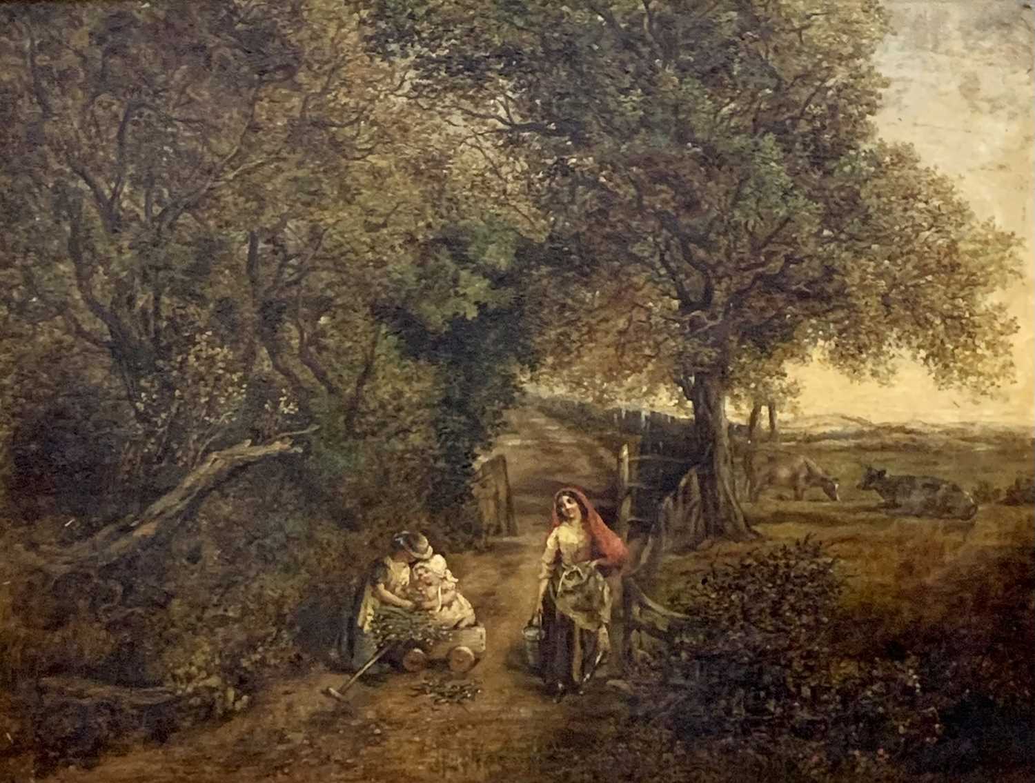 19TH CENTURY ENGLISH SCHOOL oil on canvas - depicting children collecting flowers in a small wheeled