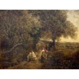 19TH CENTURY ENGLISH SCHOOL oil on canvas - depicting children collecting flowers in a small wheeled