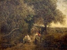 19TH CENTURY ENGLISH SCHOOL oil on canvas - depicting children collecting flowers in a small wheeled