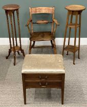 FOUR VINTAGE & REPRODUCTION OCCASIONAL FURNITURE ITEMS comprising farmhouse armchair with slightly