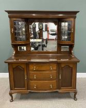 MAHOGANY MIRRORBACK SIDEBOARD CIRCA 1900, having twin upper bowed leaded glazed doors and back