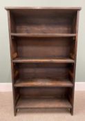 VINTAGE STAINED PINE OPEN BOOKCASE having four fixed interior shelves, 127cms H, 76.5cms W, 25cms