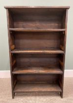 VINTAGE STAINED PINE OPEN BOOKCASE having four fixed interior shelves, 127cms H, 76.5cms W, 25cms