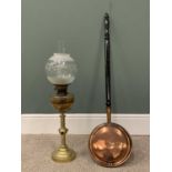 GOTHIC-STYLE BRASS OIL LAMP & LONG HANDLED COPPER WARMING PAN, the brass twist column to the lamp