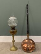 GOTHIC-STYLE BRASS OIL LAMP & LONG HANDLED COPPER WARMING PAN, the brass twist column to the lamp