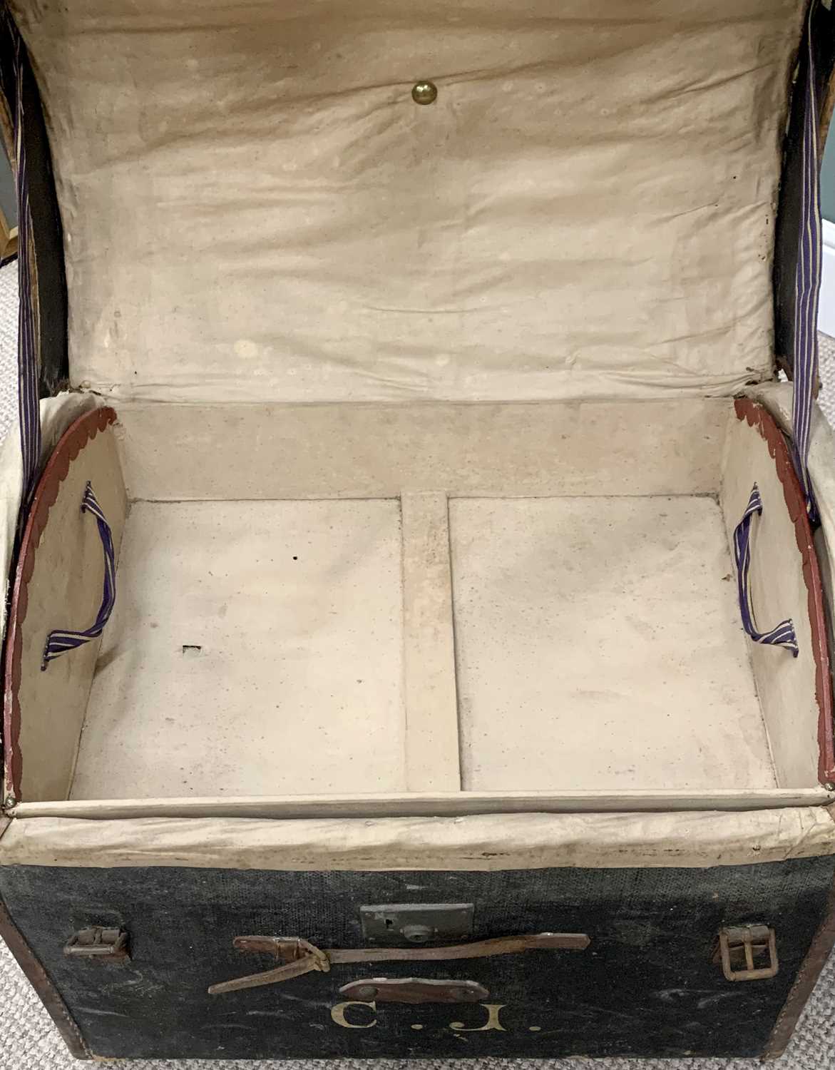 TWO VINTAGE STEAMER TRUNKS, a rectangular example in blue with metal mounts, bearing label for - Image 5 of 5