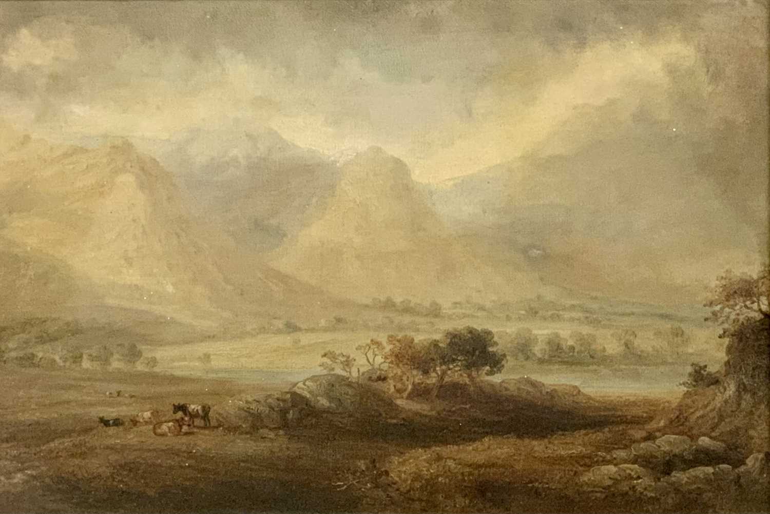 COPLEY FIELDING (British, 1787-1855) oil on canvas - cattle, trees and river within a valley setting