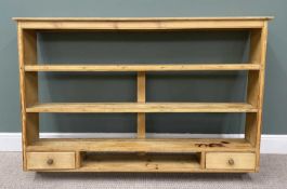 ANTIQUE STRIPPED PINE WALL RACK, having three open back shelves and one smaller lower shelf