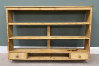 ANTIQUE STRIPPED PINE WALL RACK, having three open back shelves and one smaller lower shelf