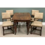 VICTORIAN MAHOGANY SMALL DINING TABLE & FOUR LATER OAK DINING CHAIRS with rexine backs and seats,