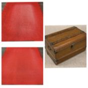 VINTAGE SCUMBLE-TYPE FINISH TIN TRUNK, containing two red woollen waffle blankets, 42cms H, 66cms W,