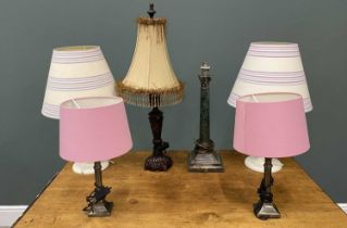 SIX VARIOUS MODERN DECORATIVE TABLE LAMPS including a silver plated and green marble Corinthian