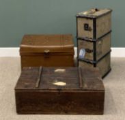 THREE ITEMS OF VINTAGE LUGGAGE, comprising a tin trunk with red interior and side carry handles,