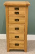 MODERN OAK BEDROOM CHEST OF FIVE DRAWERS, with metal back plates and swing pull handles, on stile