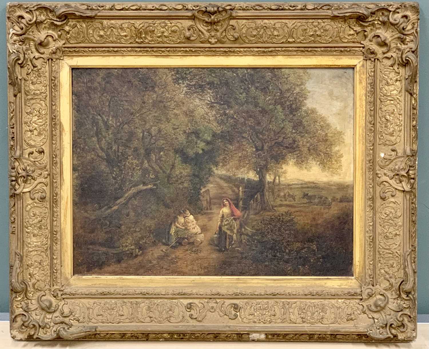 19TH CENTURY ENGLISH SCHOOL oil on canvas - depicting children collecting flowers in a small wheeled - Image 2 of 3