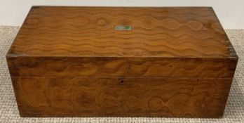 VICTORIAN FIGURED OAK WRITING SLOPE bearing plaque to top 'Fred Chambers, 1885', 20cms H, 54.5cms W,