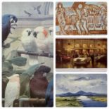 THREE FURNISHING PRINTS & A WATERCOLOUR, lot comprises a colourful print of parrots and parakeets,