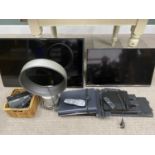 TWO SAMSUNG FLAT SCREEN TVS ON WALL MOUNT BRACKETS, associated entertainment equipment, remotes, and