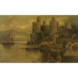 ALBERT HARRIS oil on canvas - Conwy Castle and harbour, with various boats, people, fishermen