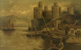 ALBERT HARRIS oil on canvas - Conwy Castle and harbour, with various boats, people, fishermen