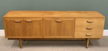 MID-CENTURY TEAK LONG SIDEBOARD, having an upper cutlery drawer and two further drawers, drop down