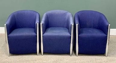 THREE BLUE UPHOLSTERED & POLISHED ALUMINIUM TUB CHAIRS, 73cms H, 62cms W, 49cms seat D Provenance: