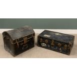 TWO VINTAGE STEAMER TRUNKS, a rectangular example in blue with metal mounts, bearing label for