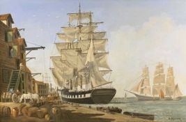 P KILNER (20th Century) oil on canvas - full rigged sailing ships at a dockside, 49 x 75cms