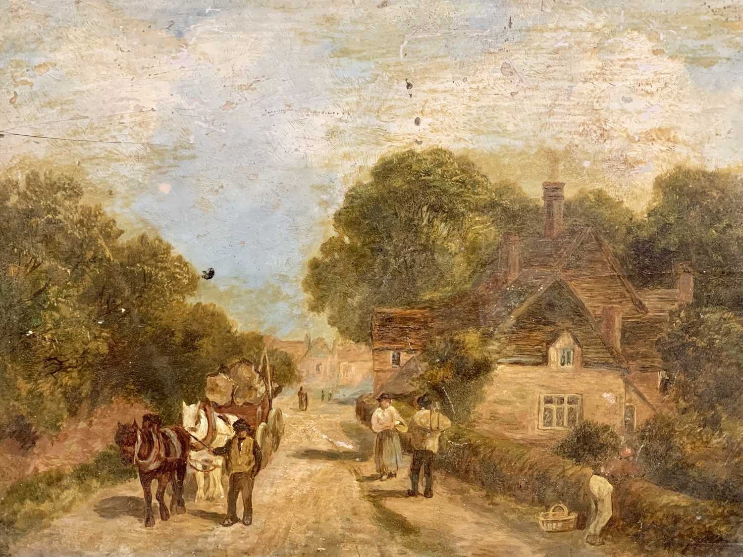 EARLY 20TH CENTURY BRITISH SCHOOL oil on board - depicting people in a country village setting,