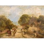 EARLY 20TH CENTURY BRITISH SCHOOL oil on board - depicting people in a country village setting,
