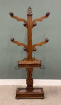 VICTORIAN MAHOGANY FOUR-BRANCH HALL STAND with turned hat and coat hooks, lidded shaped glove box