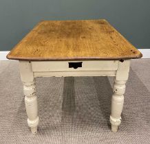 STRIPPED TOP KITCHEN TABLE WITH SINGLE END DRAWER CIRCA 1900, the painted base with turned and block