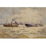 J AITKEN watercolour - depicting a steam tugboat pulling barges, having ships, other sail boats