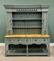 REPRODUCTION COUNTRY HOUSE POT-BOARD DRESSER in painted pine, stripped back top to the base,