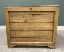 SUBSTANTIAL STRIPPED PINE BLANKET CHEST with iron carry handles and interior candle box, 85cms H,