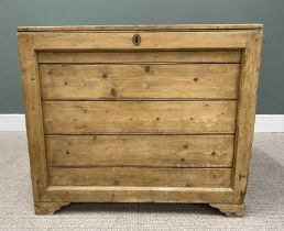 SUBSTANTIAL STRIPPED PINE BLANKET CHEST with iron carry handles and interior candle box, 85cms H,