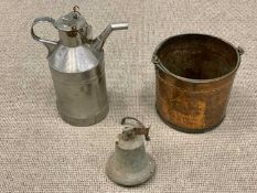 THREE ITEMS OF MIXED METALWARE comprising polished barge-type water / milk can, 51.5cms H, copper