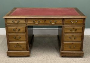 EDWARDIAN MAHOGANY TWIN PEDESTAL DESK with gilt tooled red leather insert to the top, over three