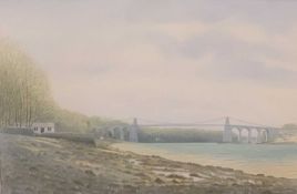 ‡ DAVID WILLIAMS watercolour - Menai Straits with suspension bridge, signed, 49 x 71cms