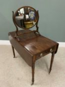 REGENCY MAHOGANY PEMBROKE TABLE & AN OVAL DRESSING TABLE TOILET MIRROR, the twin flap table having a