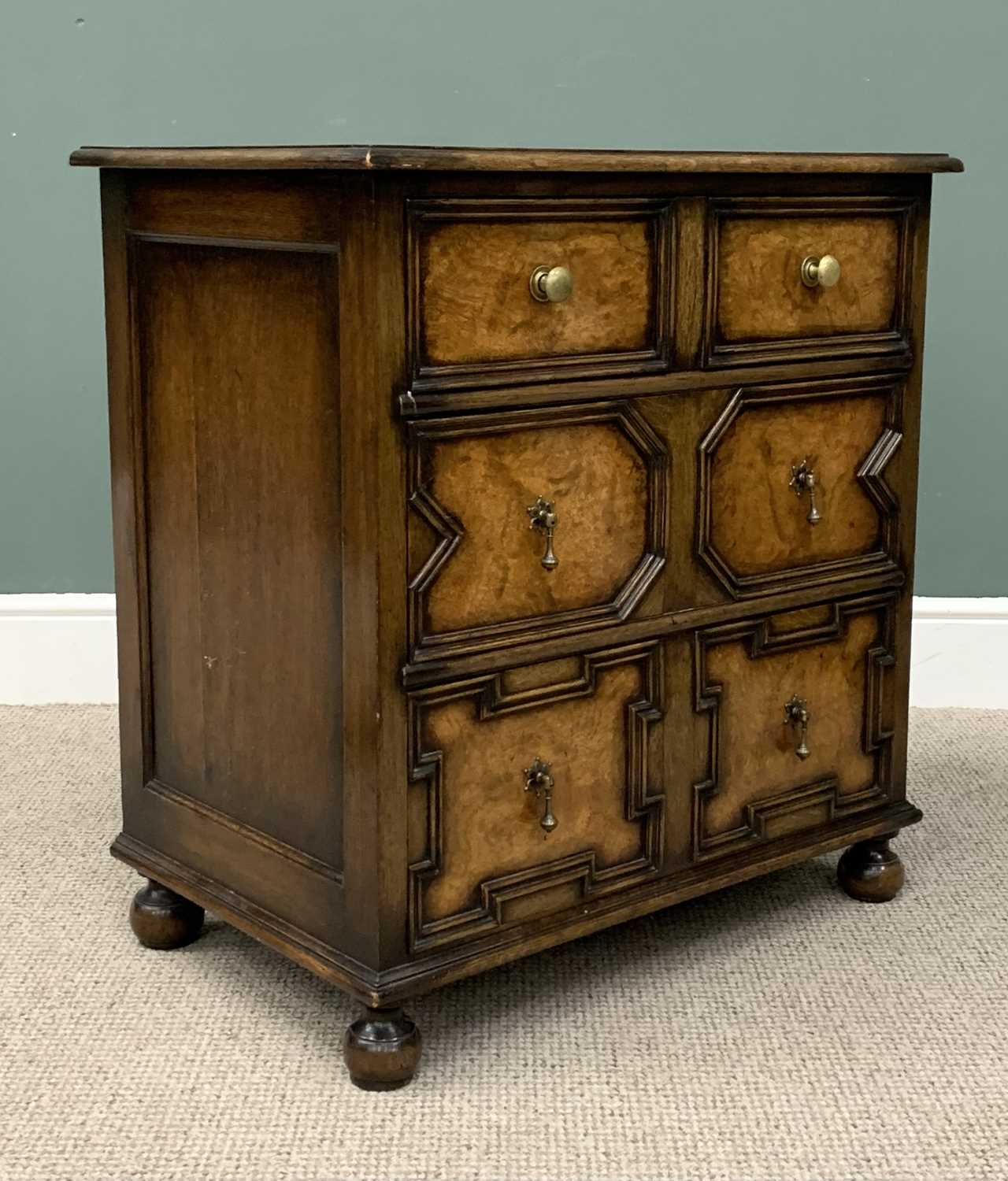 BURR WALNUT & OAK JACOBEAN STYLE CHEST, early 20th Century with interior label for Goodalls - Image 4 of 6