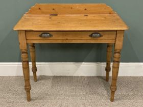 VICTORIAN STRIPPED PINE RAILBACK SIDE TABLE with single frieze drawer, on turned tapering